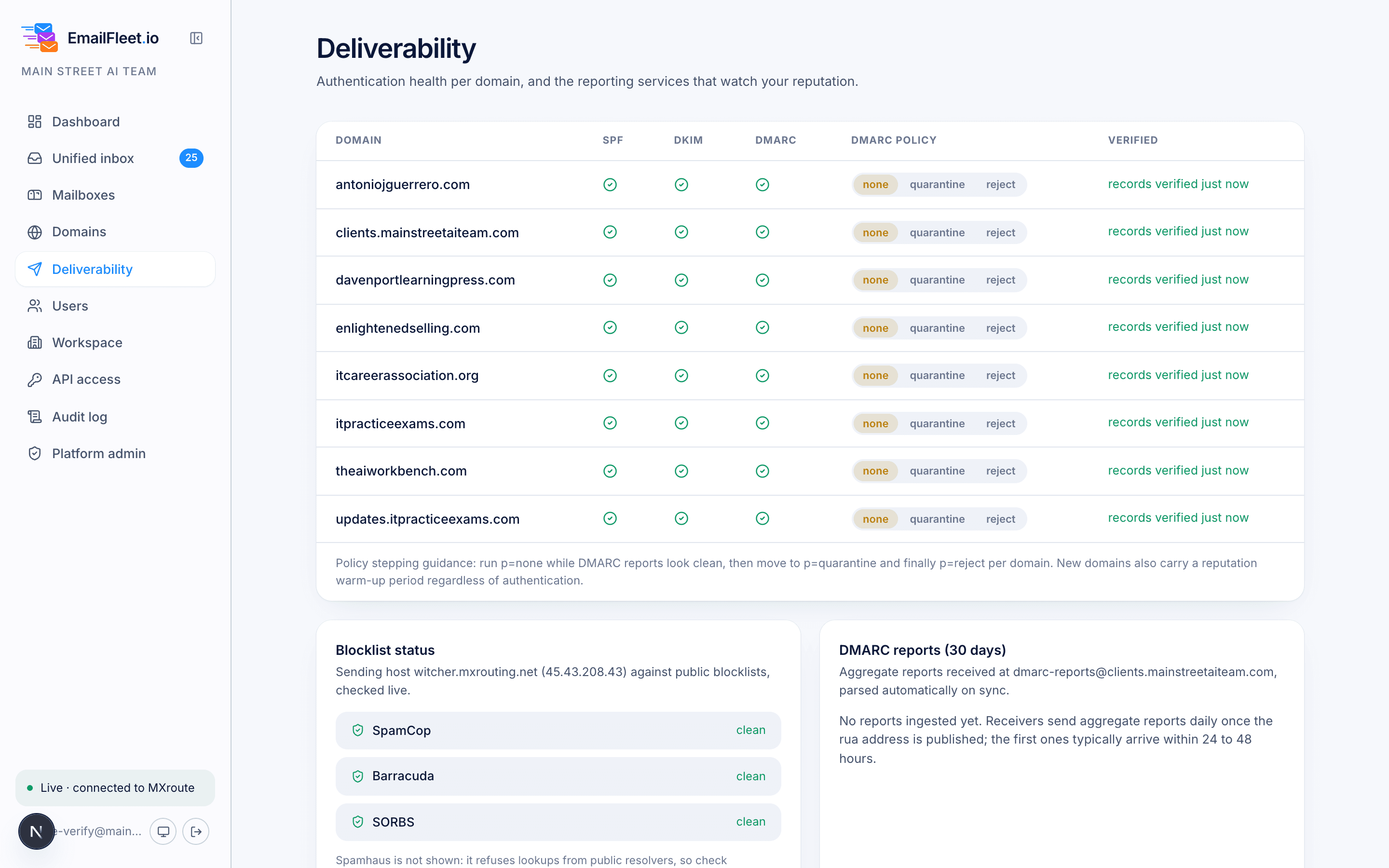 EmailFleet deliverability board